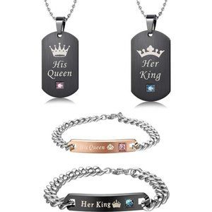 Couples Necklaces Bracelets Set for Him & Her,His Queen Her King Couples Jewelry